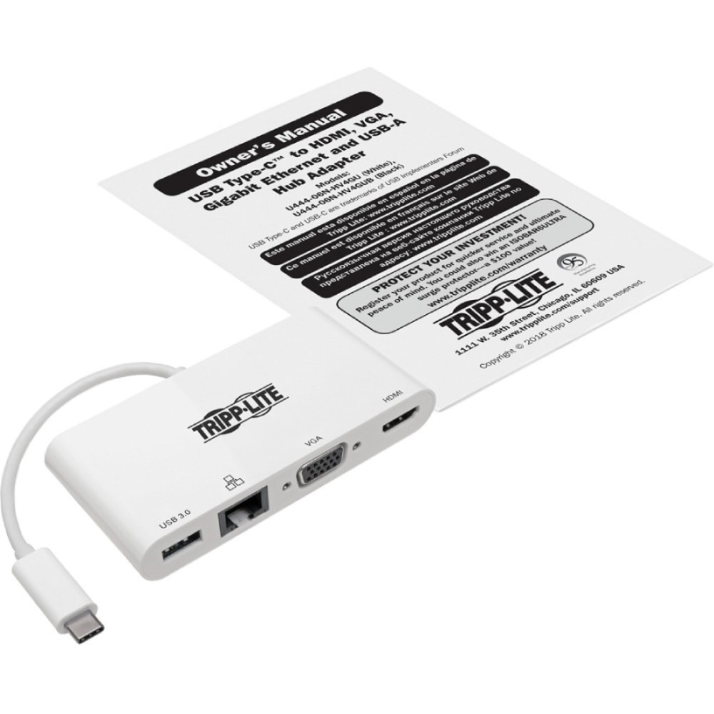 Tripp Lite USB C Docking Station Adapter 4K w/ HDMI, VGA, Gigabit Ethernet, USB-A Hub White, Thunderbolt 3 Compatible - - U44406NHV4GU MPN:U444-06N-HV4GU