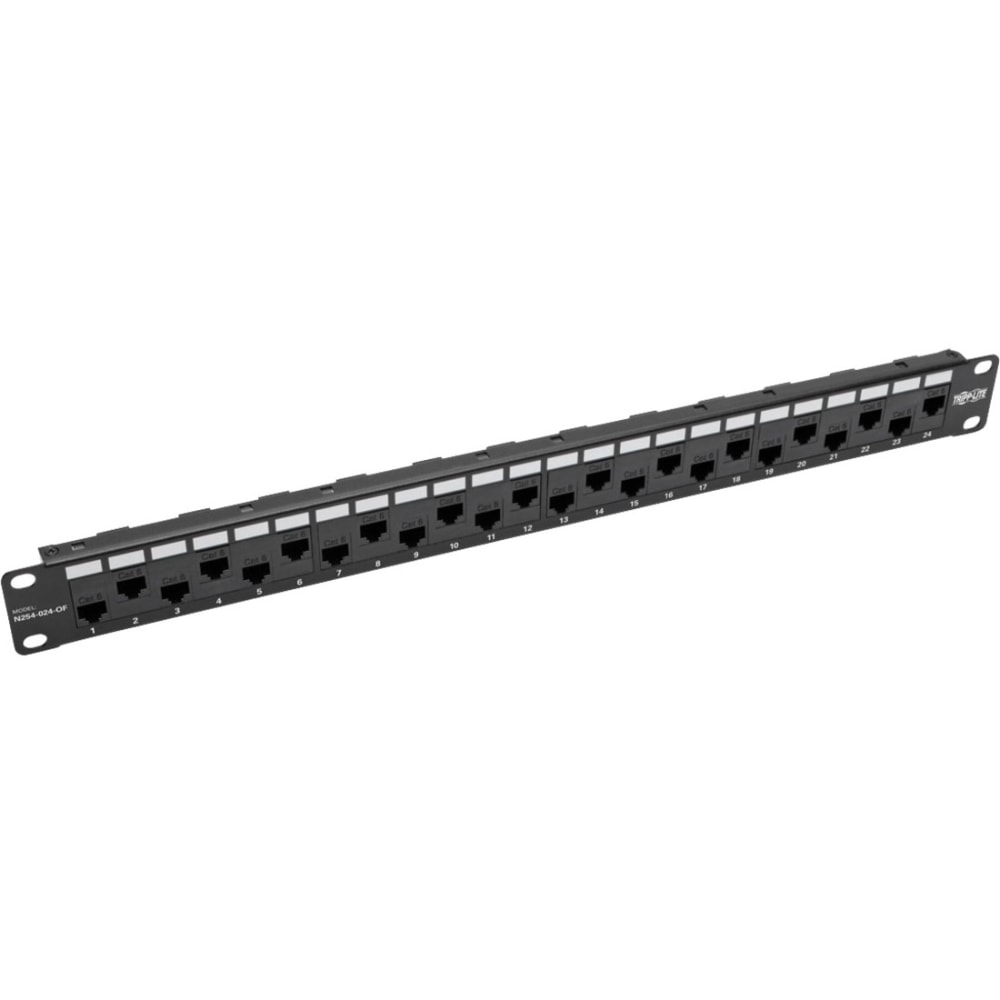 Tripp Lite 24-Port 1U Rack-Mount Cat5e/6 Offset Feed-Through Patch Panel with Cable Management Bar, RJ45 Ethernet, TAA - Patch panel - RJ-45 X 24 - black - 1U - 19in - TAA Compliant MPN:N254-024-OF