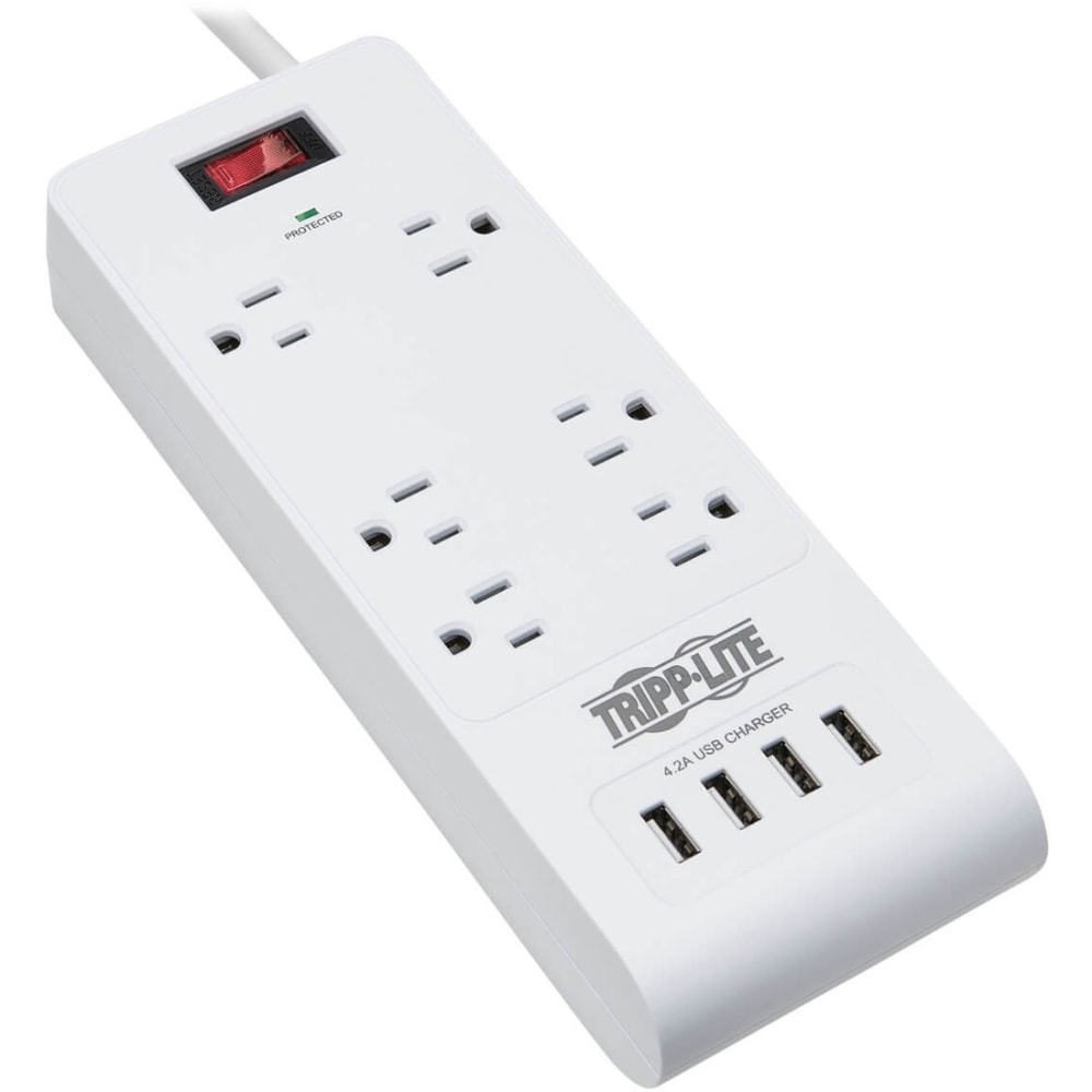 Eaton Tripp Lite Series 6-Outlet Surge Protector with 4 USB Ports (4.2A Shared) - 15 ft. Cord, 5-15P Plug, 900 Joules, White - TLP64USBRA15 MPN:TLP64USBRA15