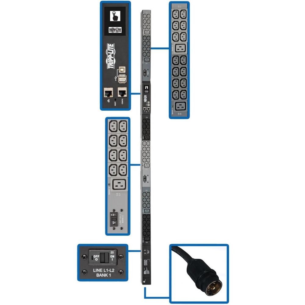 Tripp Lite 14.5kW 3-Phase Monitored PDU LX Interface, 200/208/240V Outlets (42 C13/6 C19), LCD, Hubbell CS8365C, 1.8m/6 ft. Cord, 0U 1.8m/70 in., TAA MPN:PDU3EVN6H50B