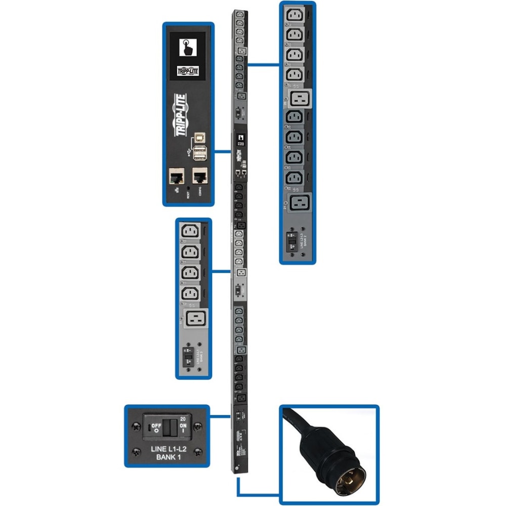 Tripp Lite 14.5kW 3-Phase Switched PDU, LX Interface, 200/208/240V Outlets (24 C13/6 C19), LCD, Hubbell CS8365C, 1.8m/6 ft. Cord, 0U 1.8m/70 in., TAA MPN:PDU3EVSR6H50