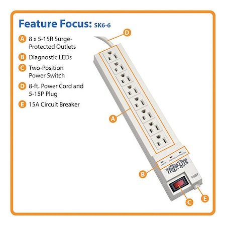Power Strip, Right Angled, 5-15R, 5-15P, 8 ft., Light Gray MPN:SK6-6