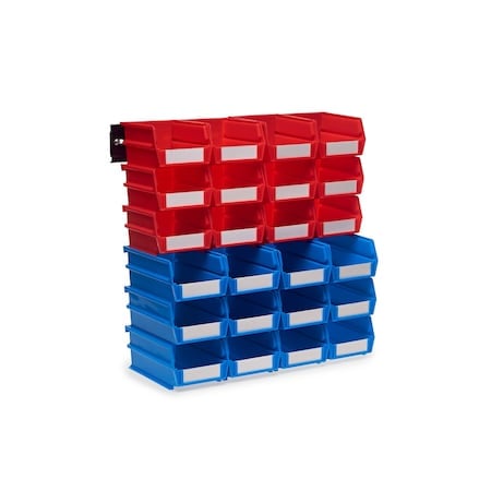 Wall Storage Unit W/ (12) Small Red Bins, (12) Medium Blue Bins, Wall Mount Rails MPN:3-1020RBWS
