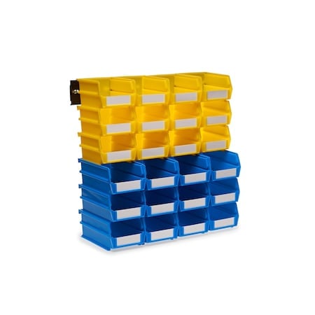 Wall Storage Unit W/ (12) Small Yellow Bins, (12) Medium Blue Bins, Wall Mount Rails MPN:3-1020YBWS