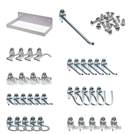 12 In. W x 6 In. D White Epoxy Coated Steel Pegboard Shelf 36 pc. DuraHook Pegboard Hook Assortment MPN:76126W-36