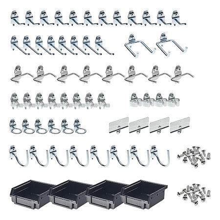64 pc. Steel Pegboard Hook & Bin Assortment for 1/8 In. and 1/4 In. Pegboard (60 Asst Hooks & 4 Bins) MPN:76964
