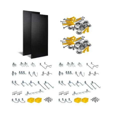 48 pc DuraHook Assortment, (2) 24 in W x 48 in H x 1/4 in D ABS Pegboards, 4 Hanging Bins MPN:DB-2BK Kit