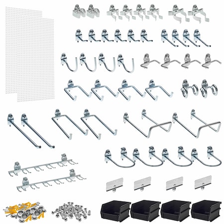 48 pc DuraHook Assortment, (2) 24 in W x 48 in H x 1/4 in D Pegboards, 4 Hanging Bins MPN:DB-2KIT