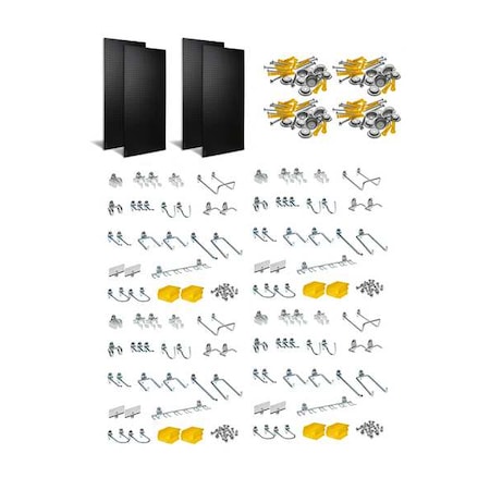 96 pc DuraHook Assortment, (4) 24 in W x 48 in H x 1/4 in D ABS Textured Pegboards, 8 Hanging Bins MPN:DB-4BK Kit