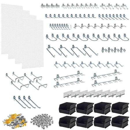 96 pc DuraHook Assortment, (4) 24 in W x 48 in H x 1/4 in D Pegboards, 8 Hanging Bins MPN:DB-4KIT