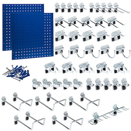 (2) 24 In. W x 24 In. H Blue Epoxy 18-Gauge Steel Square Hole Pegboards 46 pc. LocHook Assortment MPN:LB1-BKit