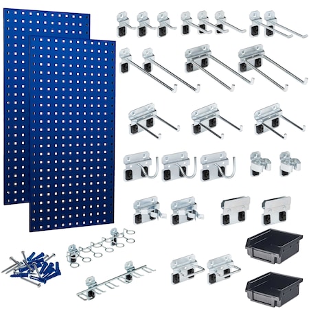 (2) 18 In. W x 36 In. H Blue Steel Square Hole Pegboards 30 pc. LocHook Assortment & Hanging Bin System MPN:LB18-BKit