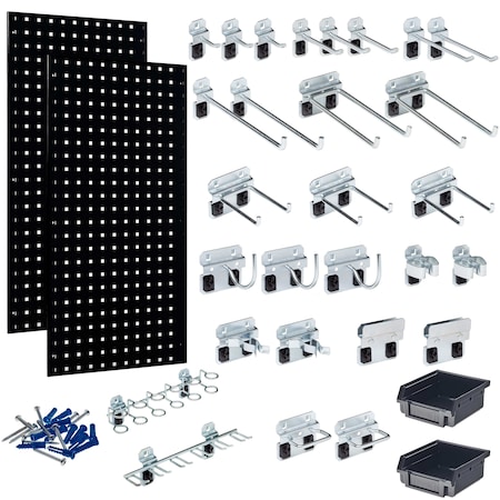 (2) 18 In. W x 36 In. H Black Steel Square Hole Pegboards 30 pc. LocHook Assortment & Hanging Bin System MPN:LB18-BKKit