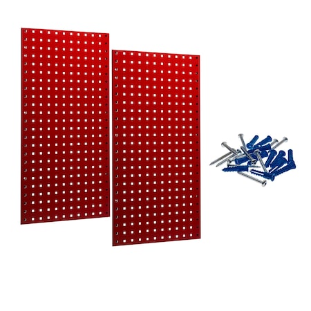 (2) Square Hole Pegboards W/ Mounting Hardware, Epoxy Coated 18-Gauge Steel, Red, 18
