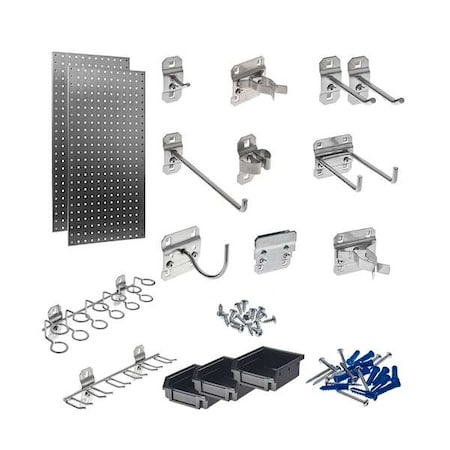 (2) 18 In. W x 36 In. Stainless Steel Square Hole Pegboards 32 pc. Stainless LocHook Assortment 3 Hanging Bins, PR MPN:LB18-SKit