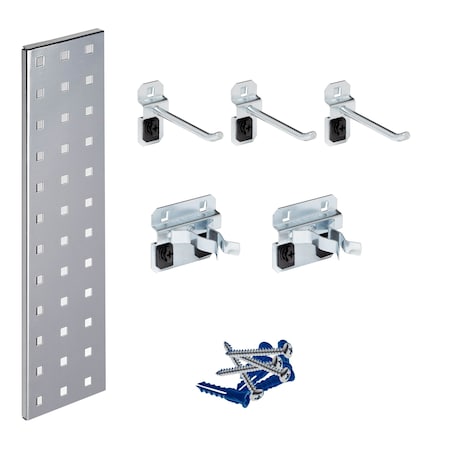 Silver Tool Pegboard Kit with (1) 18 In. x 4.5 In. 18-Gauge Steel Square Hole Pegboard 5 pc. LocHook Assortment MPN:LBS18T-SLV