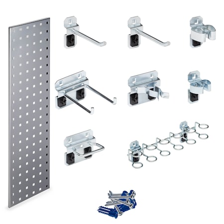 Silver Tool Storage Kit with (1) 31.5 In. x 9 In. 18-Gauge Steel Square Hole Pegboard 8 pc. LocHook Assortment MPN:LBS31T-SLV
