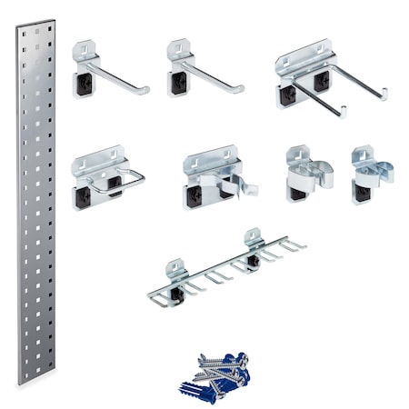 Silver Tool Pegboard Kit with (1) 36 In. x 4.5 In. 18-Gauge Steel Square Hole Pegboard 8 pc. LocHook Assortment MPN:LBS36T-SLV