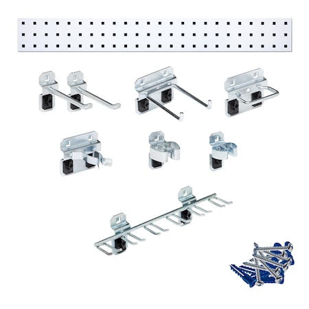White Tool Pegboard Kit with (1) 36 In. x 4.5 In. 18-Gauge Steel Square Hole Pegboard 8 pc. LocHook Assortment MPN:LBS36T-WHT