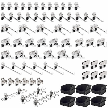 72 Pc Stainless Steel Hook & Bin Assortment for Stainless Steel LocBoard, 66 Asst Hooks & 6 Bins MPN:SSLH2-Kit
