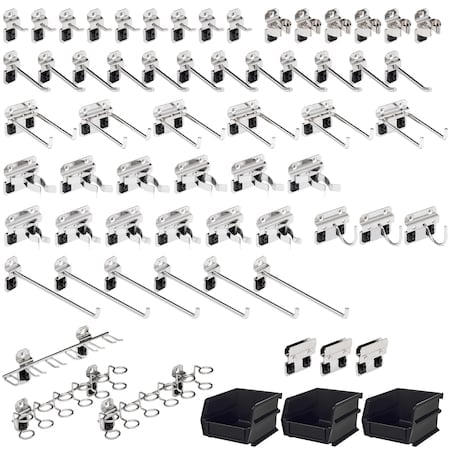 63 Pc Stainless Steel Hook & Bin Assortment for Stainless Steel LocBoard, 60 Asst Hooks & 3 Bins MPN:SSLH3-Kit