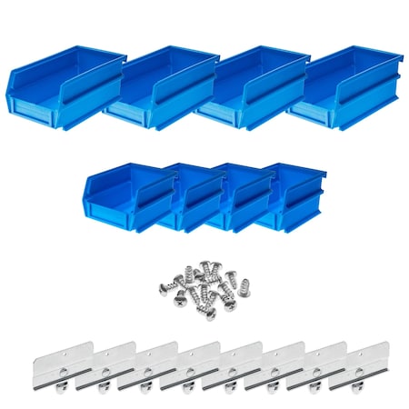 Hanging Bins and Bin Clip Kit, Polypropylene, Blue, (4) Small and (4) Large MPN:028-B