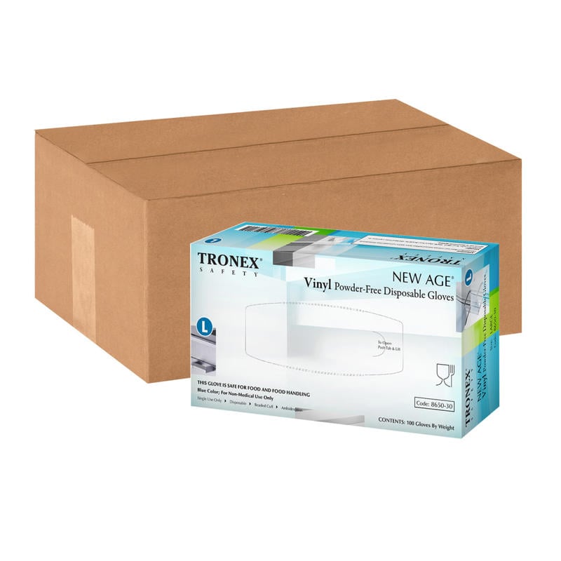 Tronex New Age Disposable Powder-Free Vinyl Gloves, Large, Blue, 100 Gloves Per Pack, Box Of 10 Packs (Min Order Qty 2) MPN:8650-30
