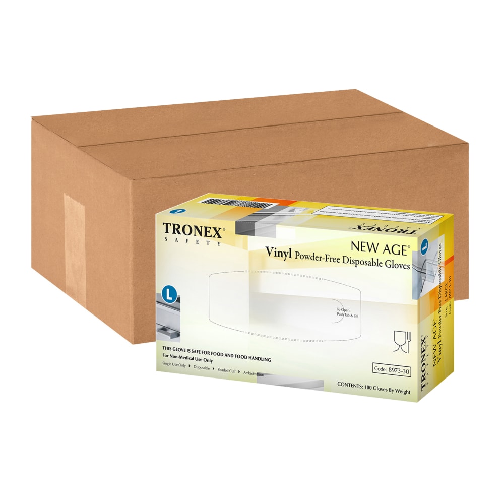 Tronex New Age Disposable Powder-Free Vinyl Gloves, Large, Natural, 100 Gloves Per Pack, Box Of 10 Packs MPN:8973-30