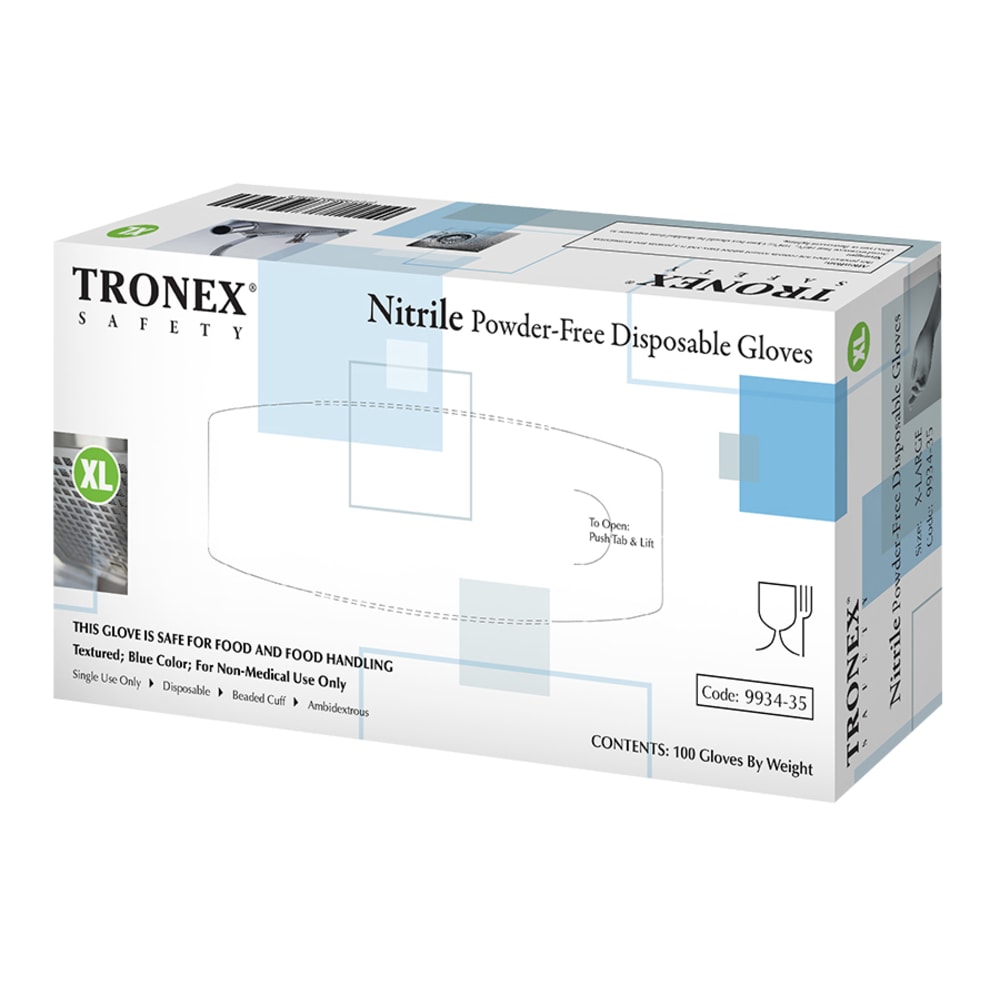 Tronex Finger-Textured Disposable Powder-Free Nitrile Gloves, X-Large, Blue, Pack Of 100 Gloves (Min Order Qty 5) MPN:9934-35BX