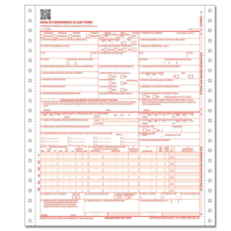 ComplyRight CMS-1500 Health Insurance Claim Form (02/12), 2-Part Continuous Carbonless, 8 1/2in x 11in, White/Canary, Case Of 1, 000 MPN:CMS122