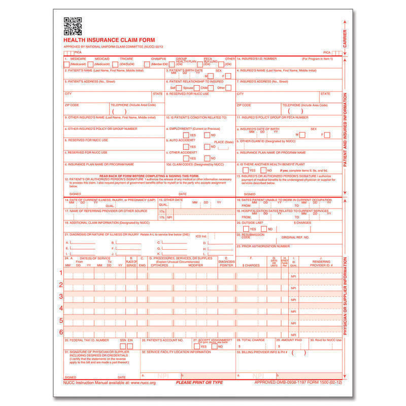 ComplyRight CMS-1500 Health Insurance Claim Form (02/12), Laser-Cut Sheet, 8 1/2in x 11in, White, Case of 2, 500 MPN:CMS12LC