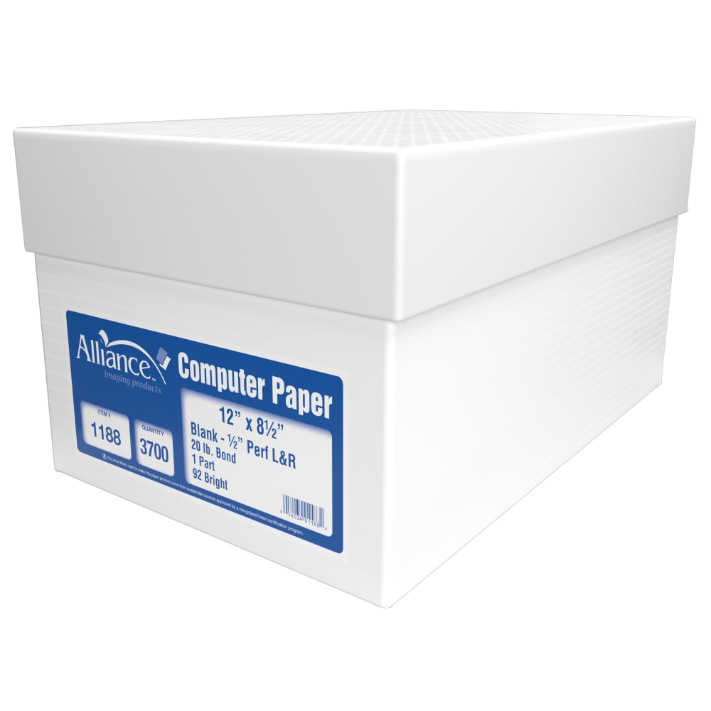 Alliance Continuous Feed Computer Paper, 12in x 8-1/2in, White, 20 lb MPN:1188