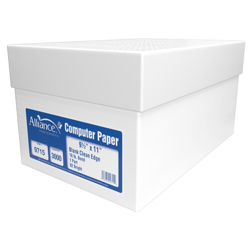 Alliance 1-Part Computer Paper, 9-1/2in x 11in, 92+ Brightness, 18 Lb, White, Ream Of 3, 000 Sheets MPN:9715