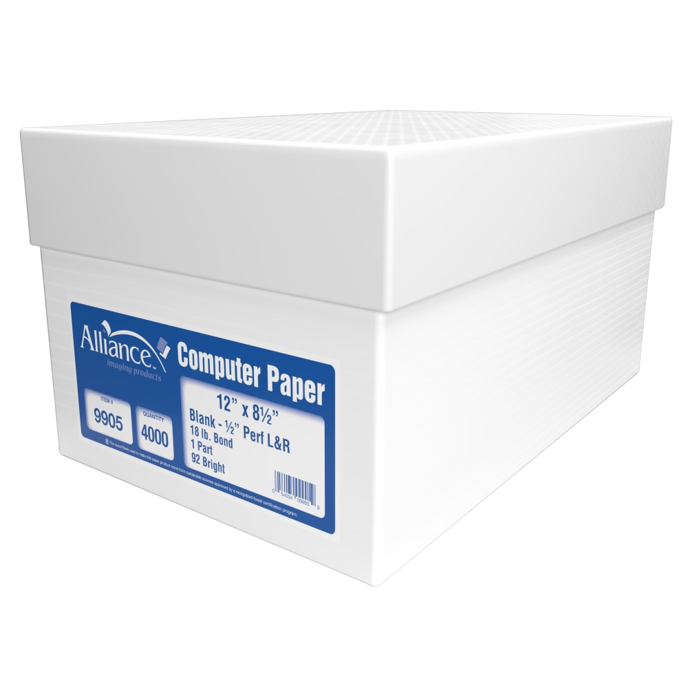 Alliance Continuous Feed Computer Paper, 12in x 8-1/2in, White, 18 lb MPN:9905