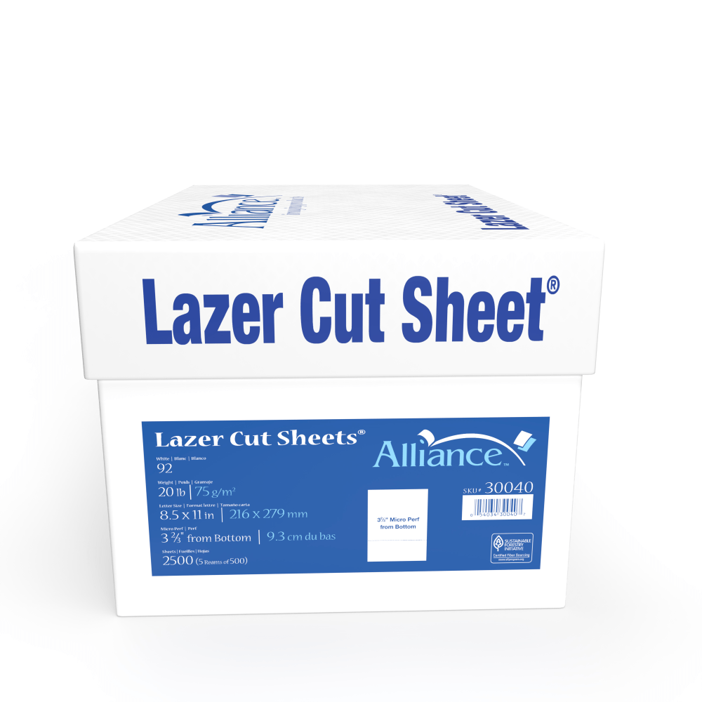 Alliance Processed Lazer Cut Sheet Copy Paper, 8-1/2 x 11, 92+ Bright, 20 Lb, White, 500 Sheets Per Ream, Carton Of 5 Reams MPN:30040