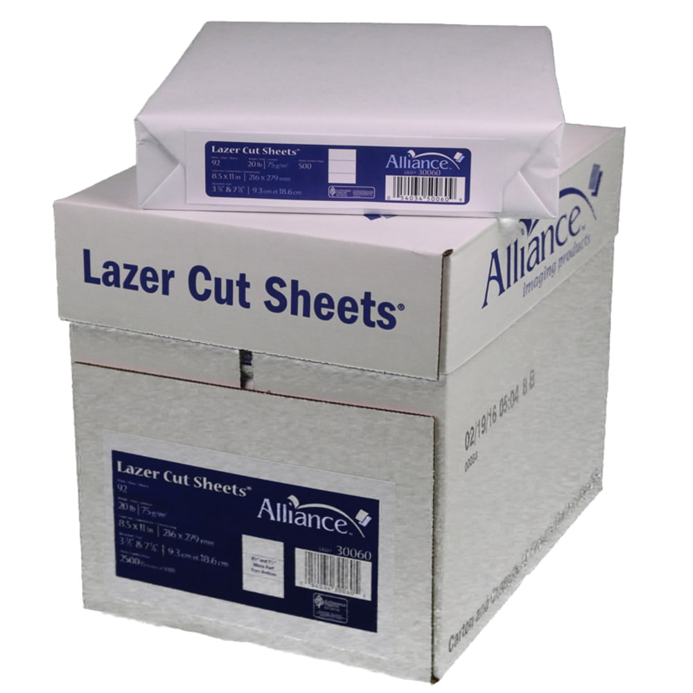 Alliance Processed Lazer Cut Sheet Copy Paper, 8.5 x 11, 20 lb., 92+ Bright, Perforated every 3-2/3in, 500 Sheets Per Ream, Carton of 5 Reams. MPN:30060