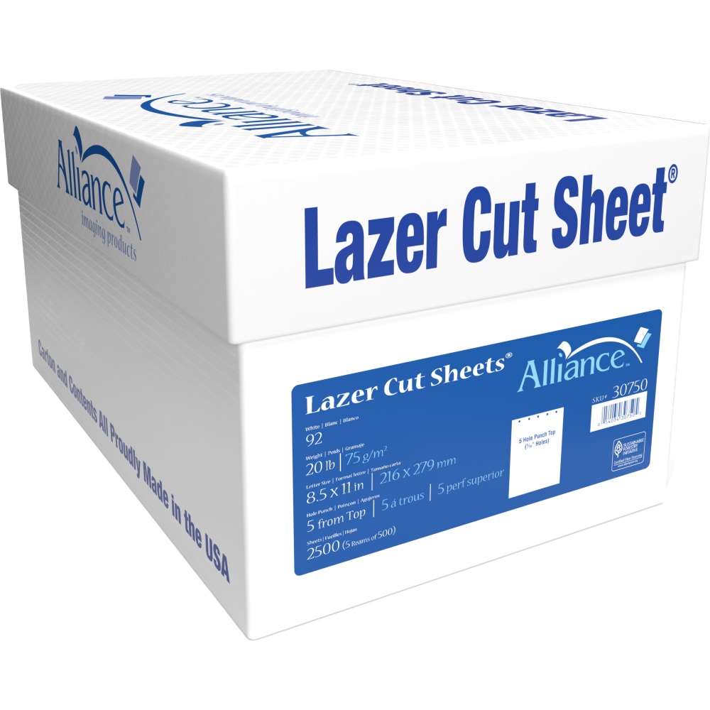 Alliance Processed Lazer Cut Sheet Copy Paper, 5 Reams, White, 8-1/2in x 11in, 5-Hole Punch, 92+ Bright, 20 Lb, White, 500 Sheets Per Ream MPN:30750
