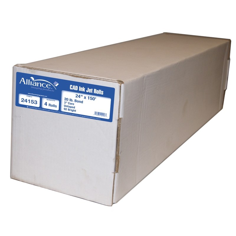 Alliance CAD Bond Paper, 3in Core, 24in x 150ft, 92 Brightness, 20 Lb, White, Pack Of 4 Rolls MPN:24153