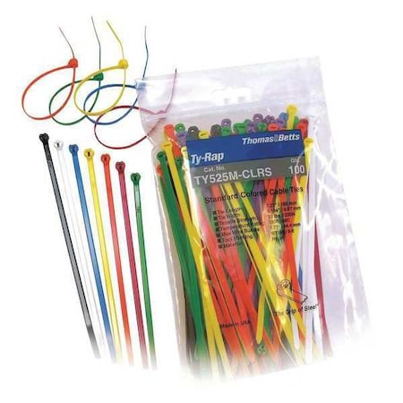 Cable Tie Kit, 7-1/2 in L, 1.89 in Max Bundle Dia., Assorted Colors, Nylon 6/6, 50 lb Strength MPN:TY525M-CLRS