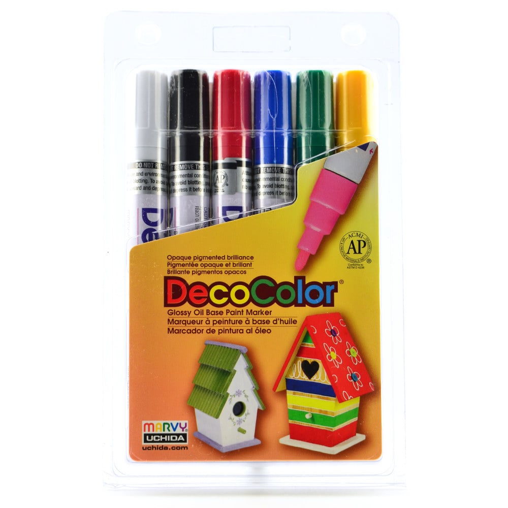 Marvy Uchida DecoColor Paint Markers, Set Of 6 Markers, Broad Tips, Assorted Primary Colors MPN:300-6A