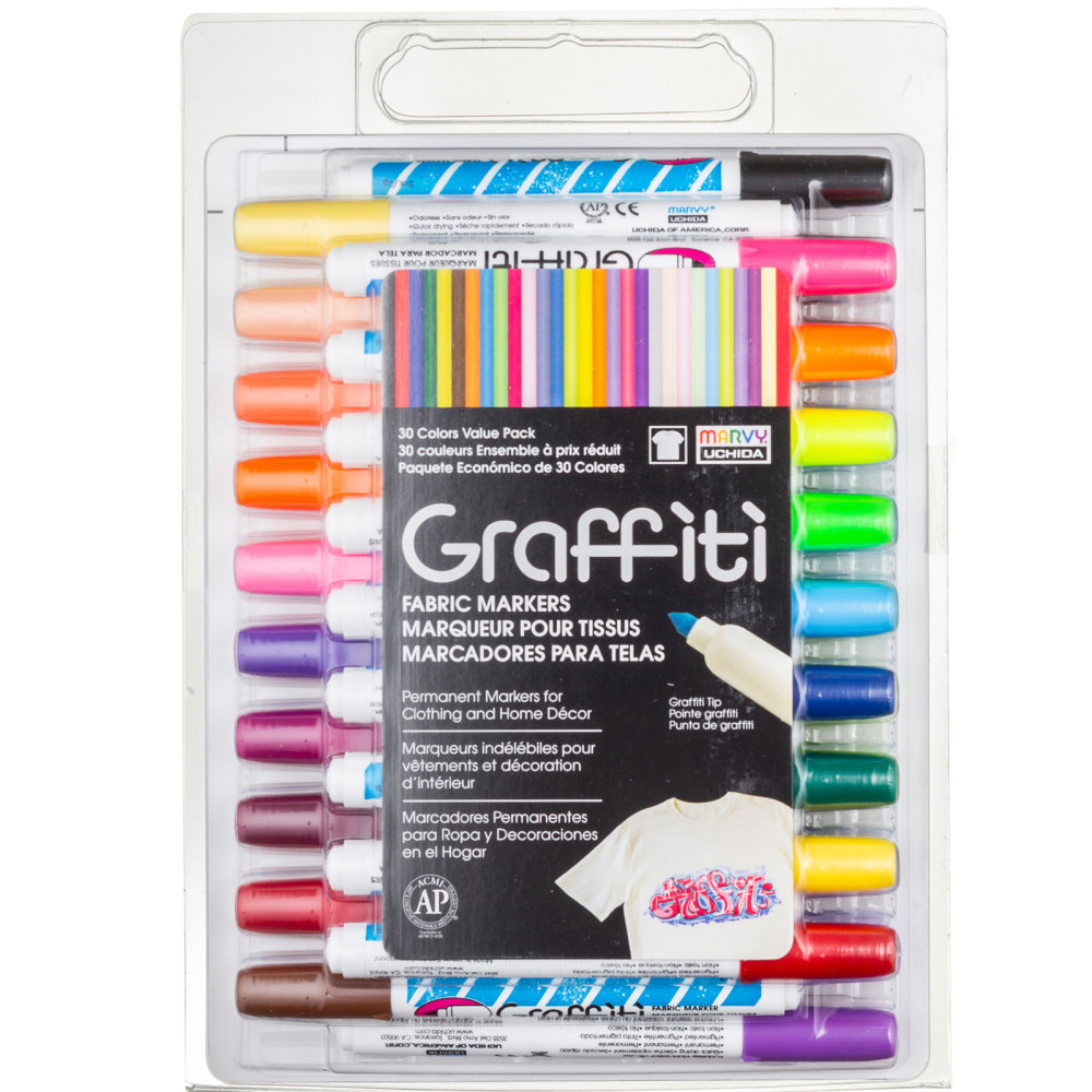 Marvy Uchida Graffiti Fabric Markers, Set Of 30 Markers, Medium Point, Assorted Colors MPN:UCH56030A