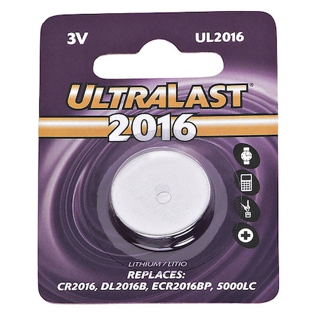 NABC UltraLast UL2016 Lithium Button General Purpose Battery - 3V DC MPN:UL2016