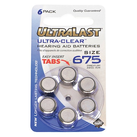 NABC UltraLast UL675HA Size 675 Ultra-Clear Hearing Aid Battery - Zinc Air - 1.4V DC MPN:UL675HA