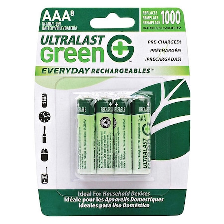 Battery 1.2 Volt Nickel Metal Hydride Ultralast Everyday AAA 8 Pack MPN:ULGED8AAA