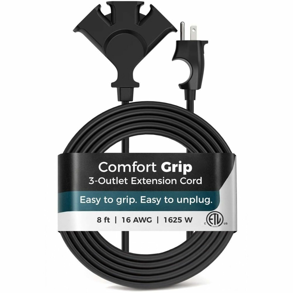 Uncaged Ergonomics Comfort Grip 3-Outlet Extension Cord, 8 ft, Black - 16 Gauge - Black - 8 ft Cord Length - Indoor, Outdoor - Tangle Resistant MPN:CGEC-B