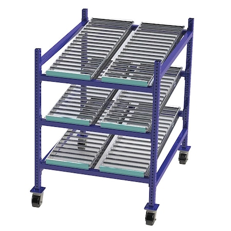 Mobile Gravity Flow Rack, 48 in D, 36 in W, 3 Shelves, Blue MPN:FCM99SR36483