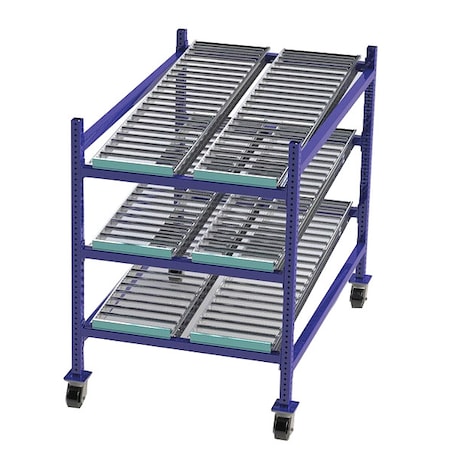 Mobile Gravity Flow Rack, 60 in D, 36 in W, 3 Shelves, Blue MPN:FCM99SR36603