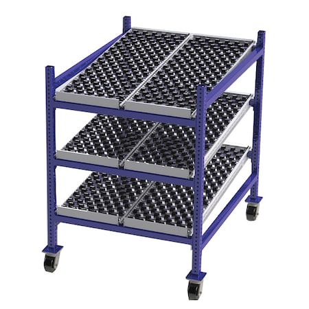 Mobile Gravity Flow Rack, 48 in D, 36 in W, 3 Shelves, Blue MPN:FCM99SW36483