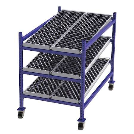 Mobile Gravity Flow Rack, 60 in D, 36 in W, 3 Shelves, Blue MPN:FCM99SW36603