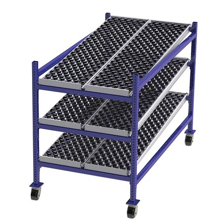 Mobile Gravity Flow Rack, 72 in D, 36 in W, 3 Shelves, Blue MPN:FCM99SW36723